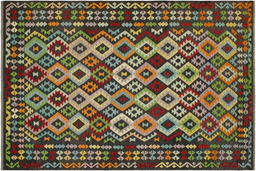 Flat Weave Kilim, Antique, Navaho, Vintage, Handmade, Geometric Kilim Charcoal Rust Hand-Woven Rectangle 100% Wool Area Rug 7 x 10